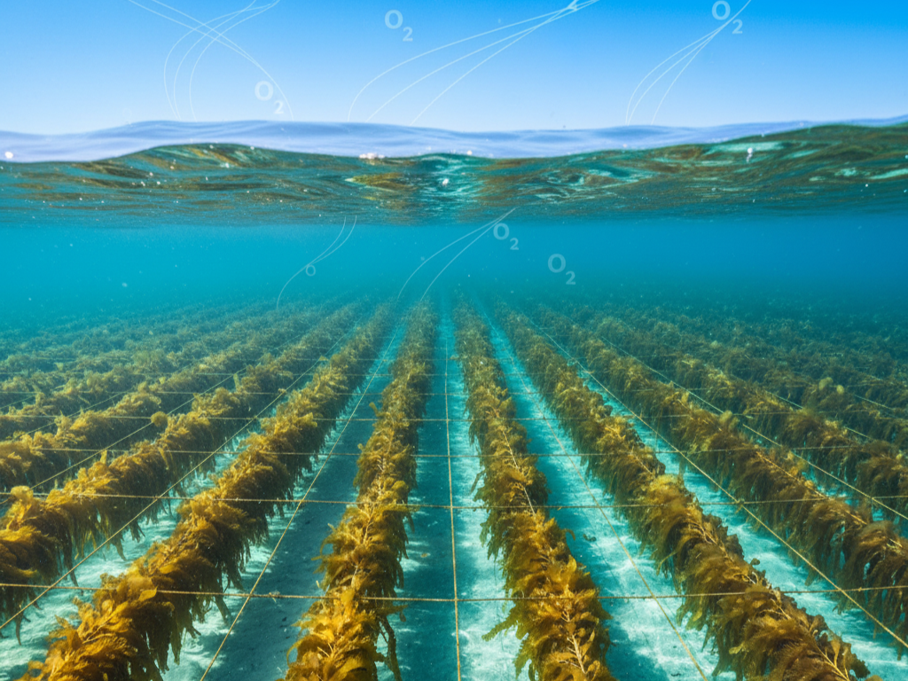 Underwater view of a vast, healthy seaweed farm with rows of kelp stretching into the distance under clear blue water. Above the surface, subtle graphic lines and O2 symbols illustrate oxygen production and CO2 absorption from the atmosphere. The image conveys the immense environmental impact and carbon sequestration potential of large-scale seaweed cultivation and ocean farming