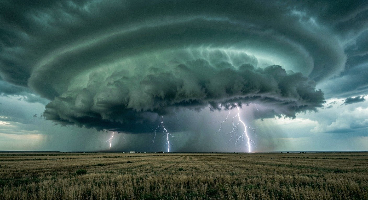 Severe supercell thunderstorm with rotating wall cloud and lightning over the Great Plains farmland