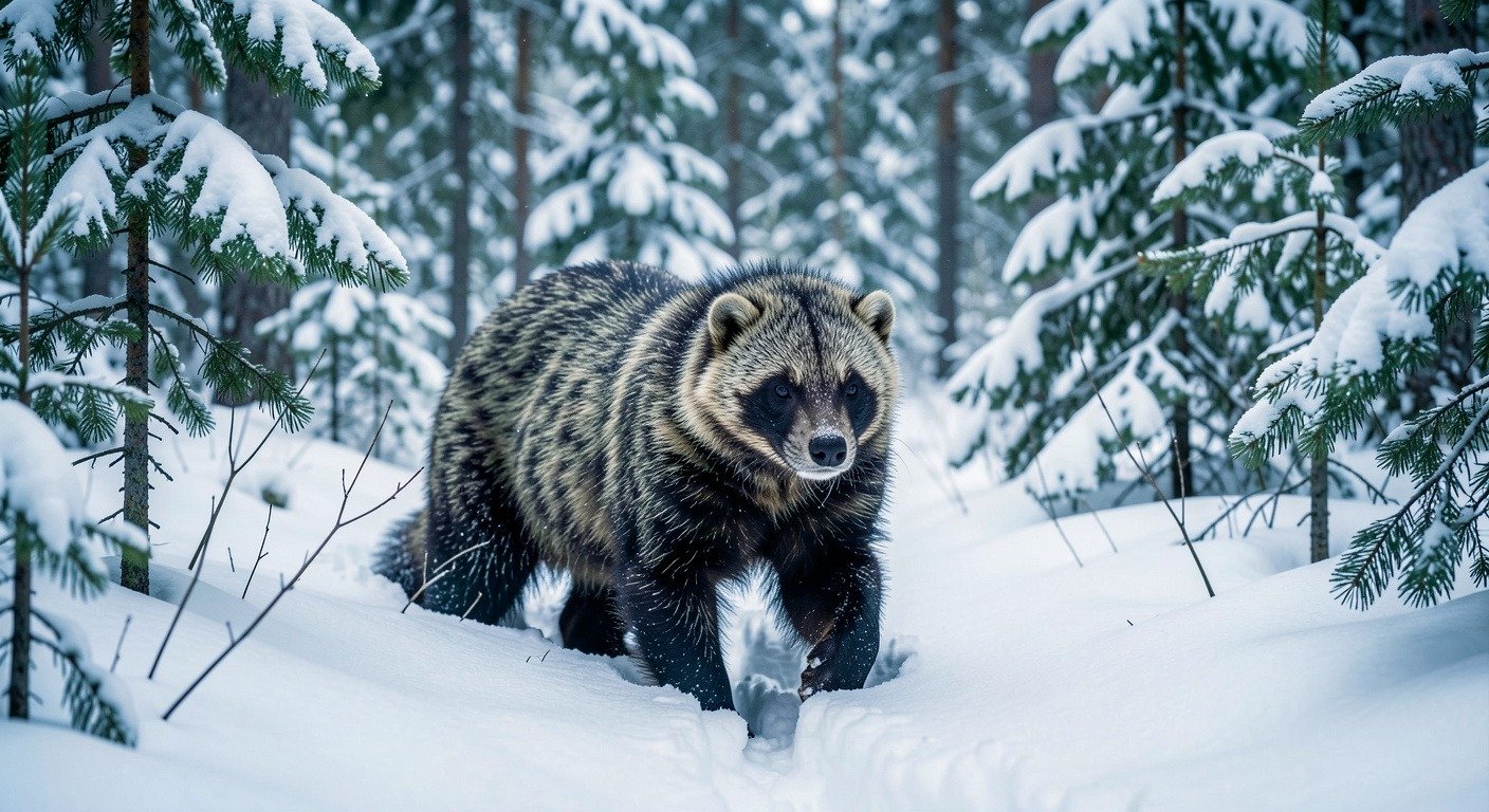 Wolverine in snowy Scandinavian forest, Sweden wildlife conservation