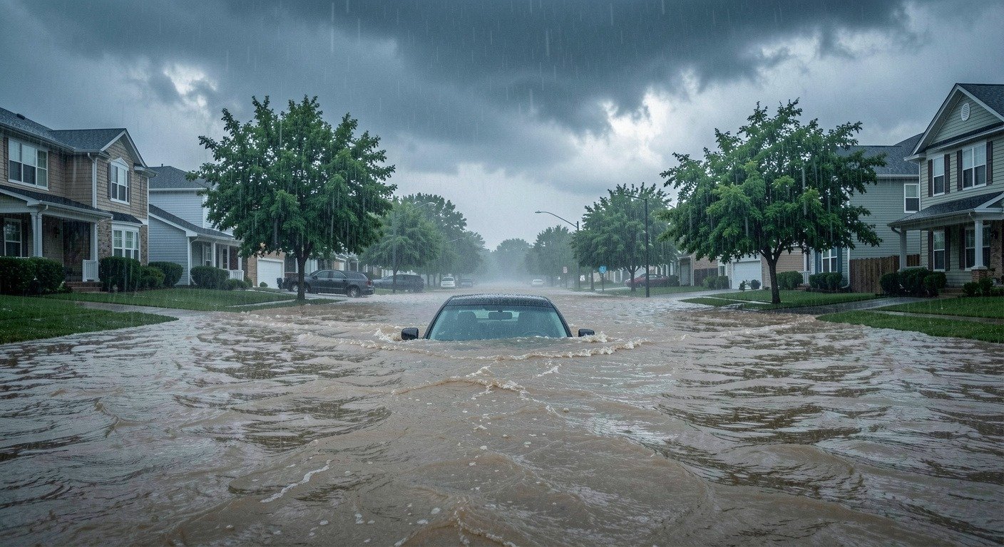 Flash flood with murky water covering a suburban road and partially submerged car during heavy storm