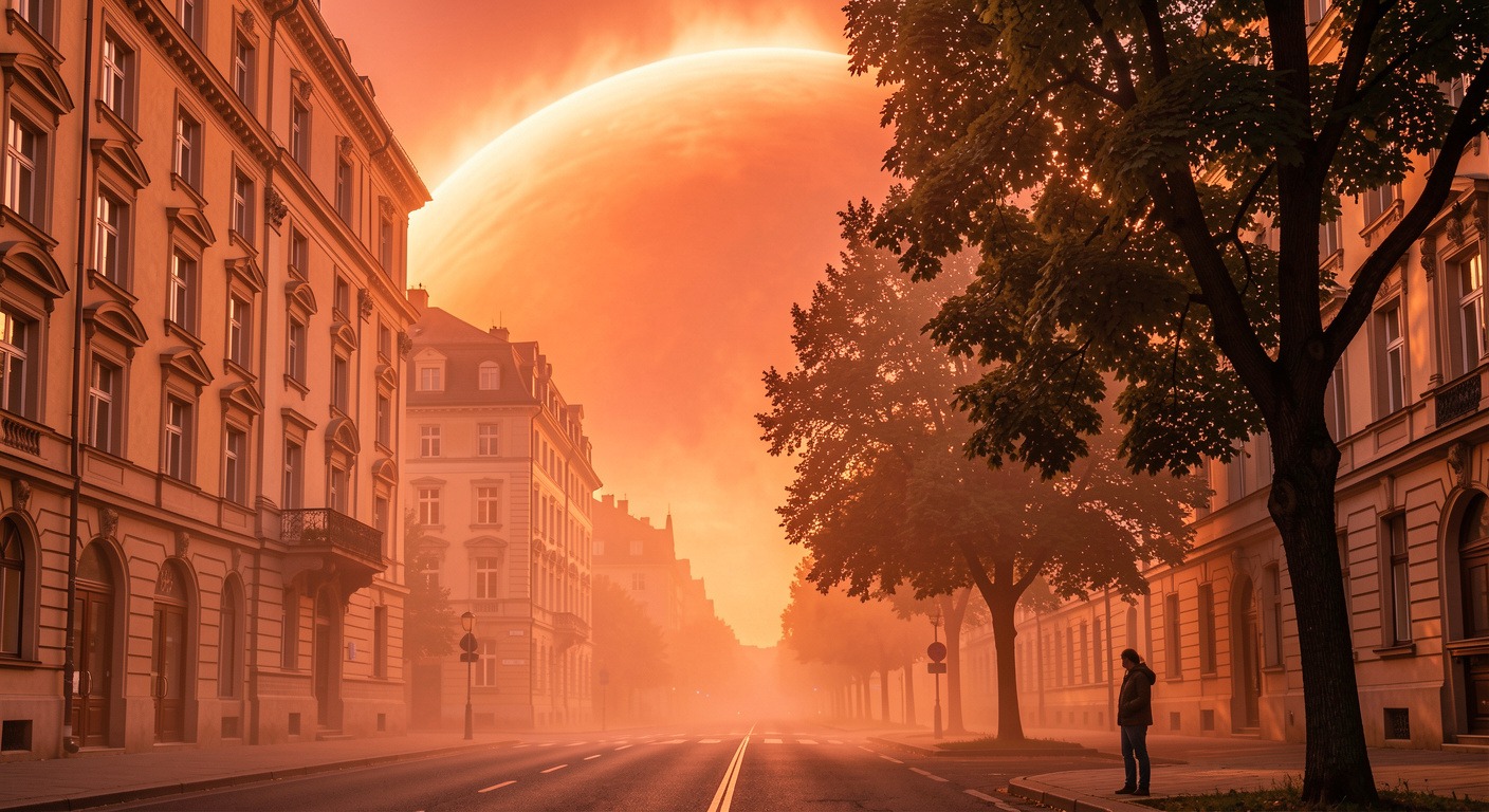 A massive heat dome over a European city with visible heat haze and people seeking shade