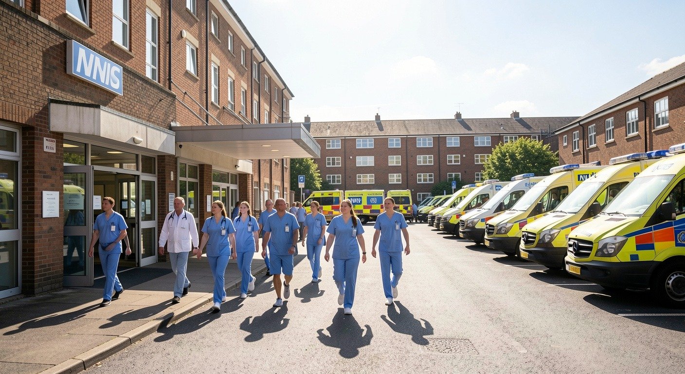 NHS hospital entrance during extreme heat emergency, ambulance bay active, June 2026