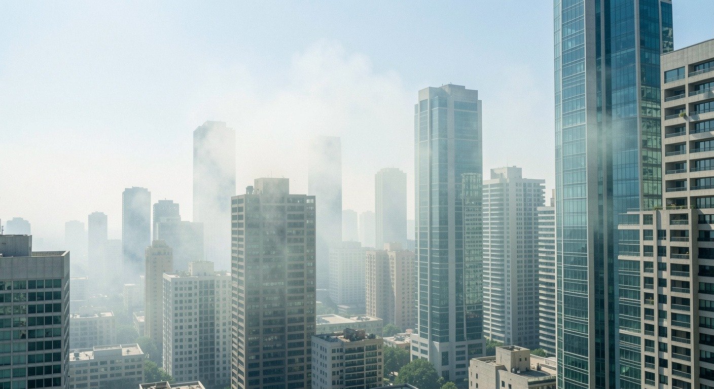 City skyline with visible heat haze shimmering above buildings