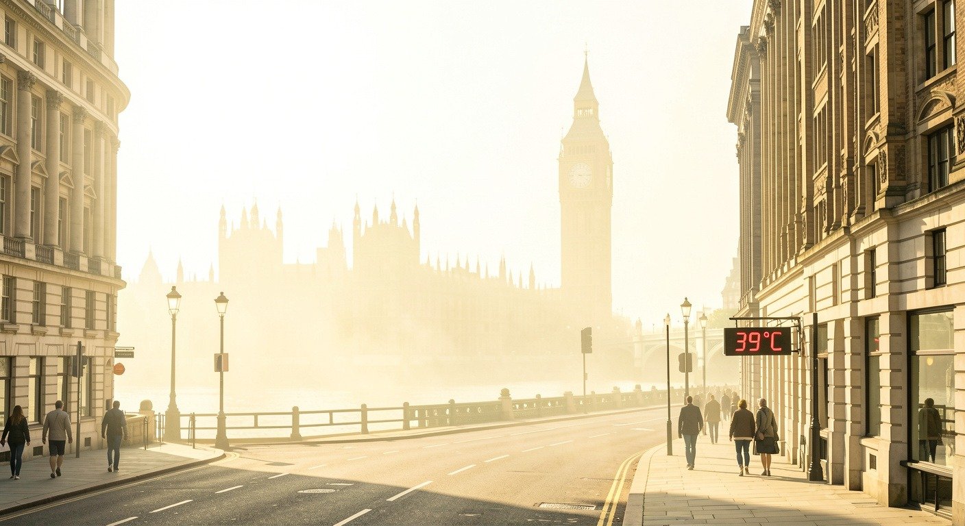 London skyline with Big Ben visible through intense heat haze during extreme UK heatwave, June 2026