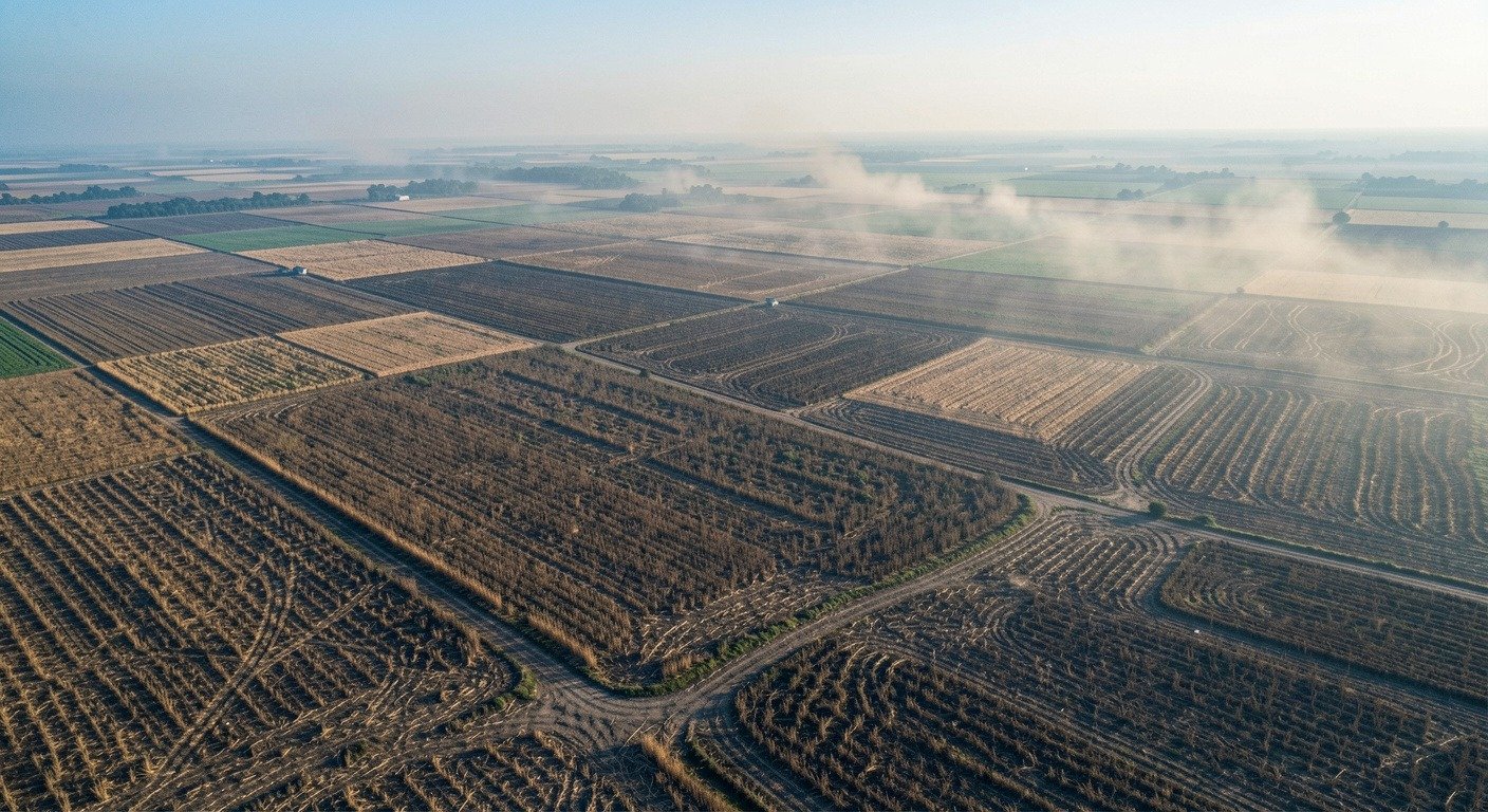 Aerial view of drought-stricken farmland with brown fields stretching to the horizon