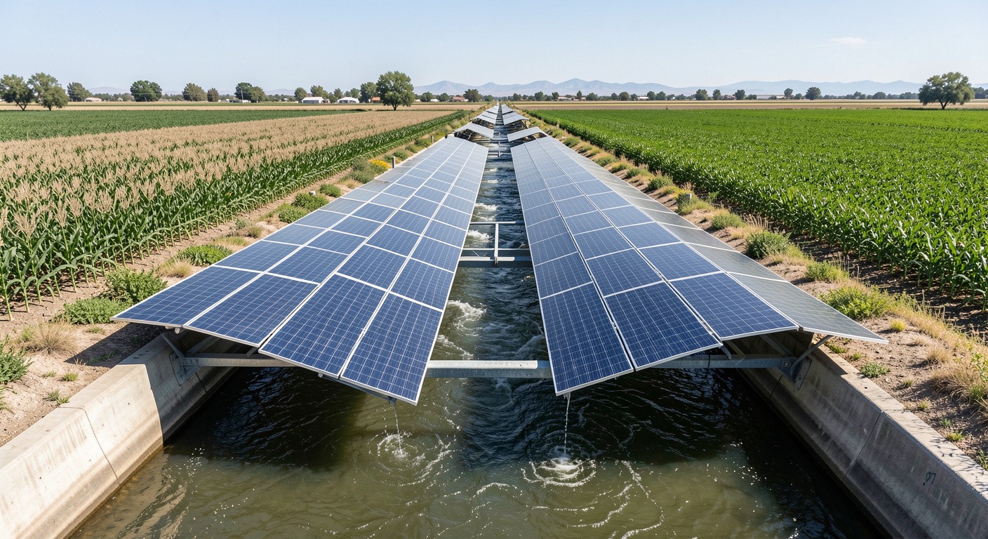 Solar panels installed over a California irrigation canal with farmland on both sides