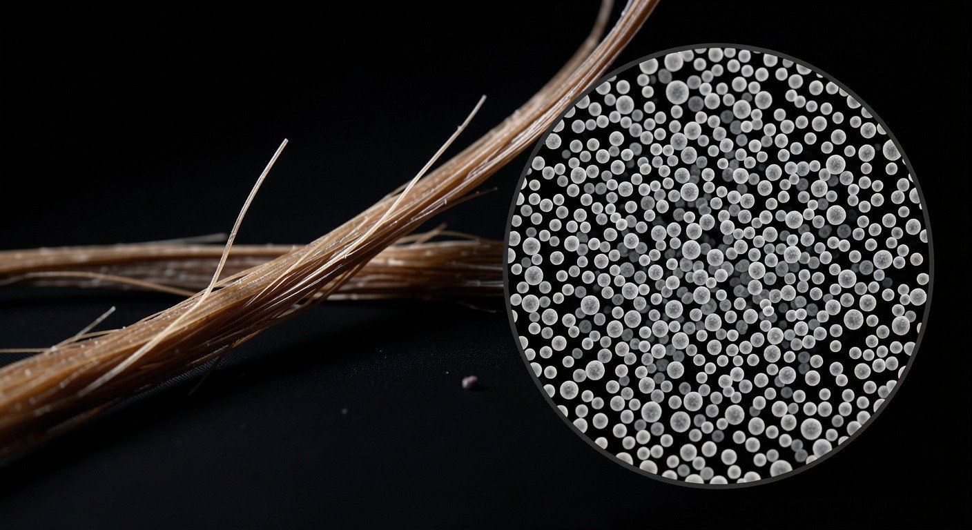 Scale comparison between a human hair at 70 microns and PM2.5 particles at 2.5 microns, showing why these particles penetrate deep into the lungs
