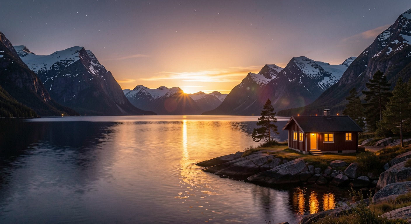 Midnight sun over a Norwegian fjord with golden light reflecting on calm water