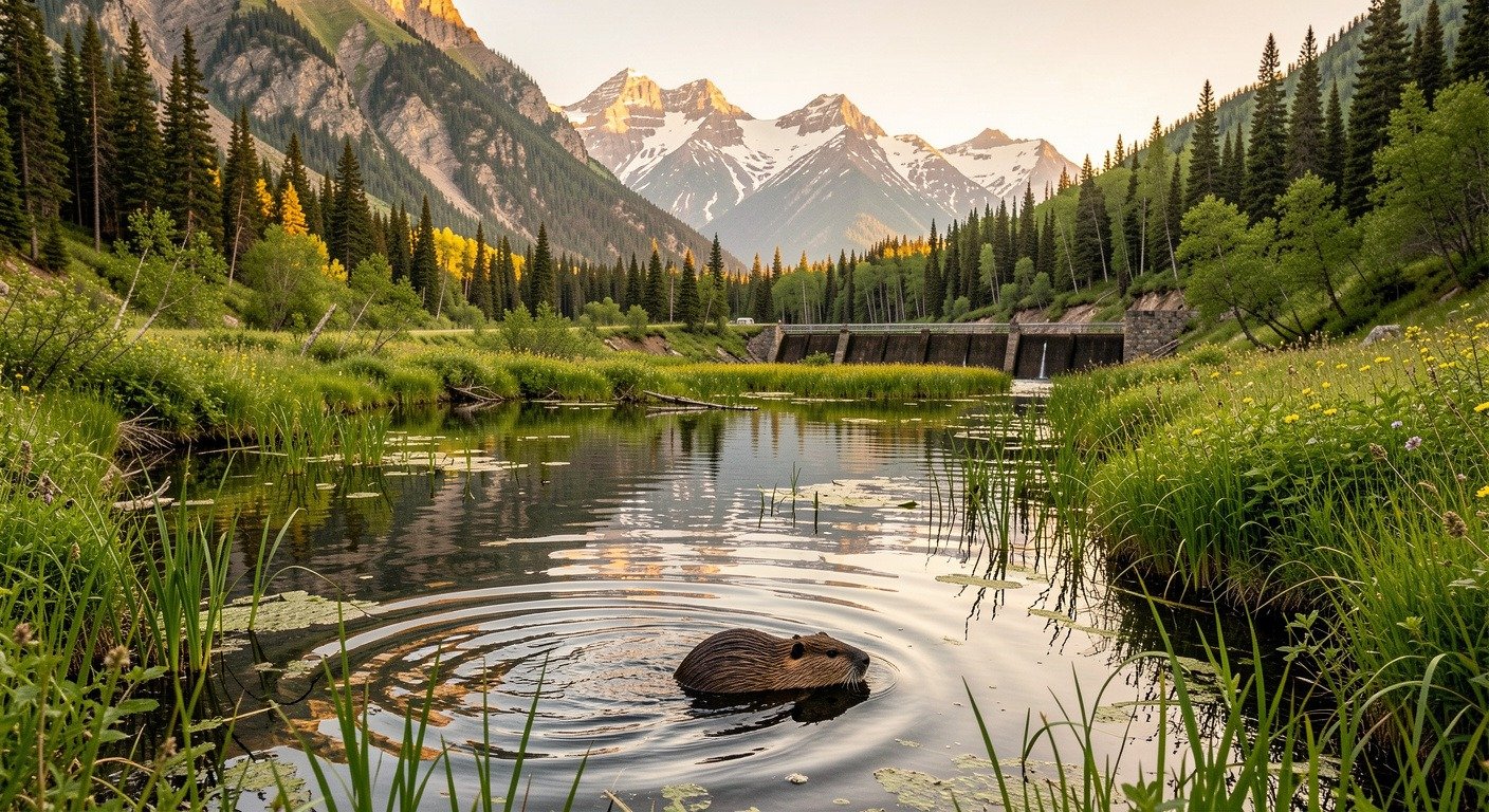 Beaver dam creating a vibrant wetland in a mountain valley