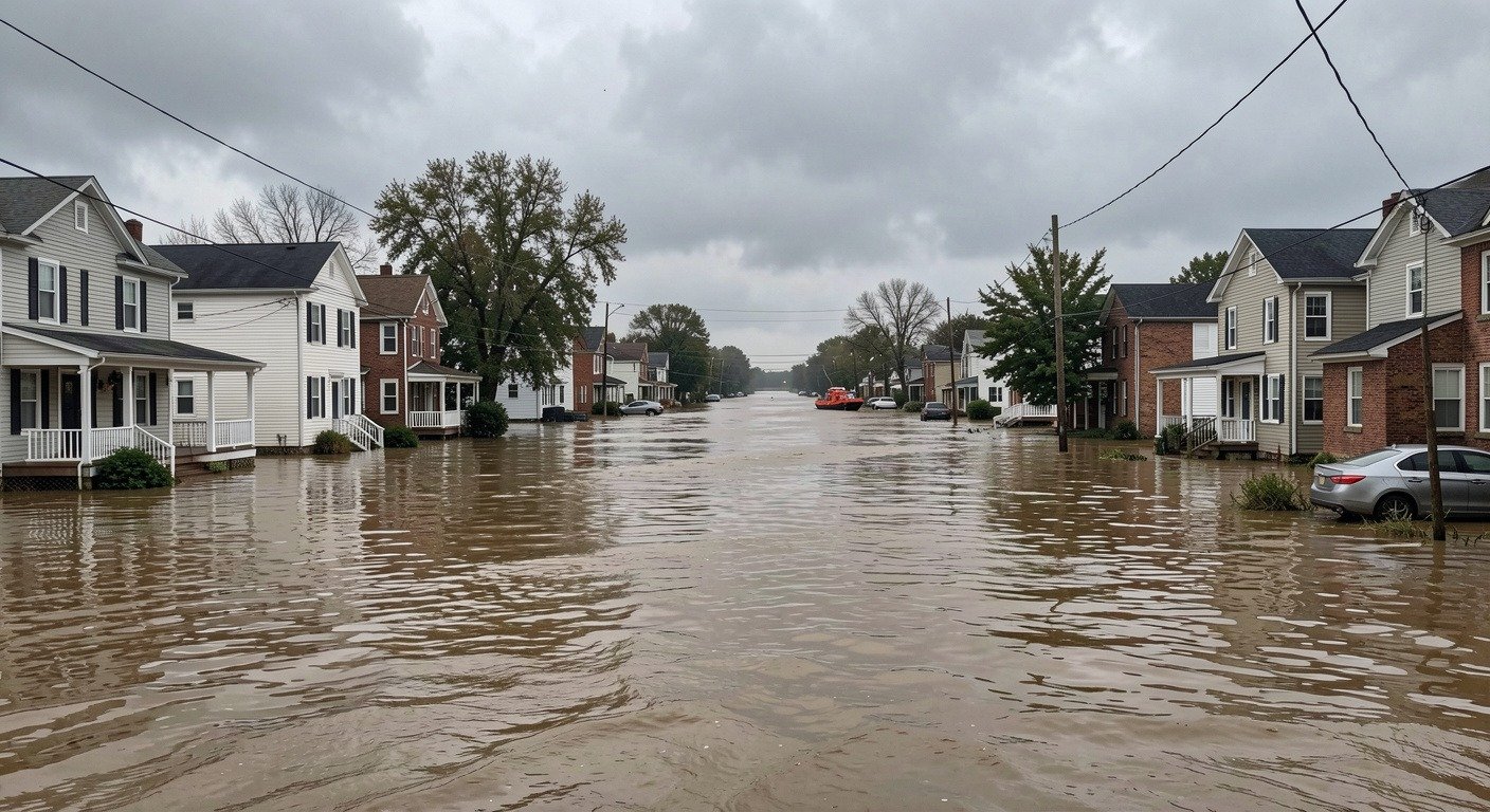 Flooded Midwest town with muddy river water surrounding houses