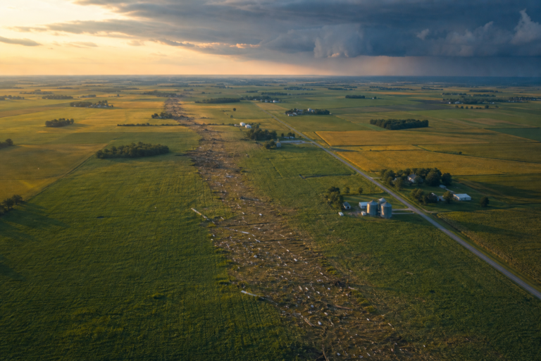 Aerial view of tornado damage path across Illinois farmland with storm clouds in the distance during golden hour