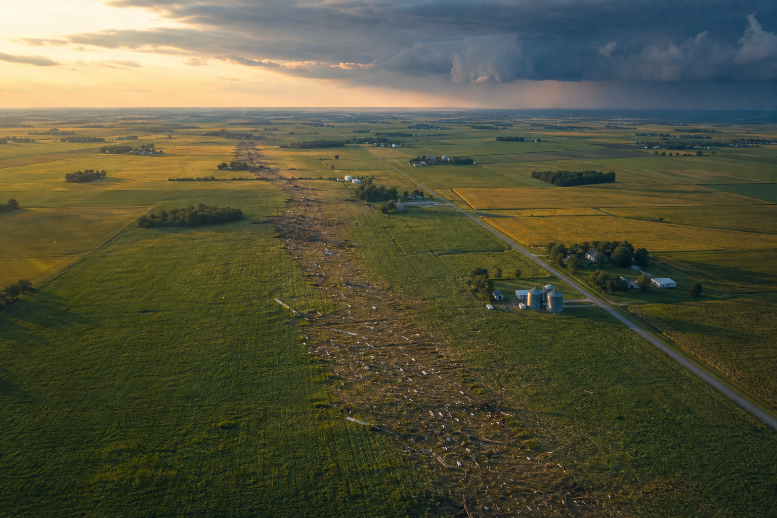 Aerial view of tornado damage path across Illinois farmland with storm clouds in the distance during golden hour