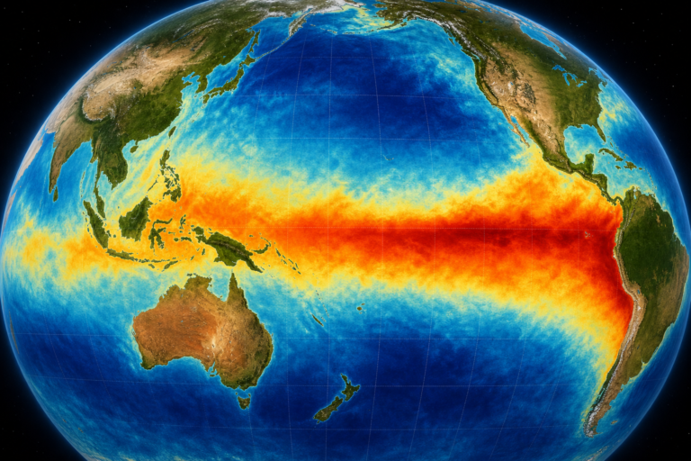 Pacific Ocean sea surface temperature anomaly showing El Niño warming across the equator with blue-to-red color gradient