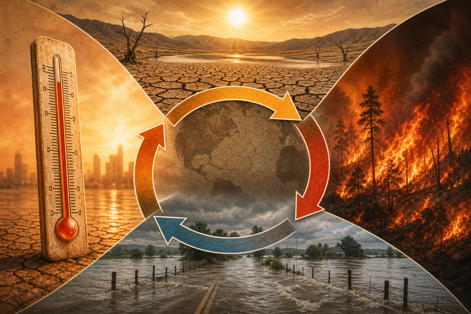Composite image showing interconnected climate hazards: drought, wildfire, flood, and extreme heat