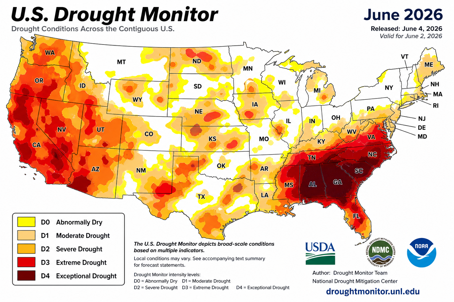 US Drought Monitor map for June 2026 showing 61% of continental US in drought conditions