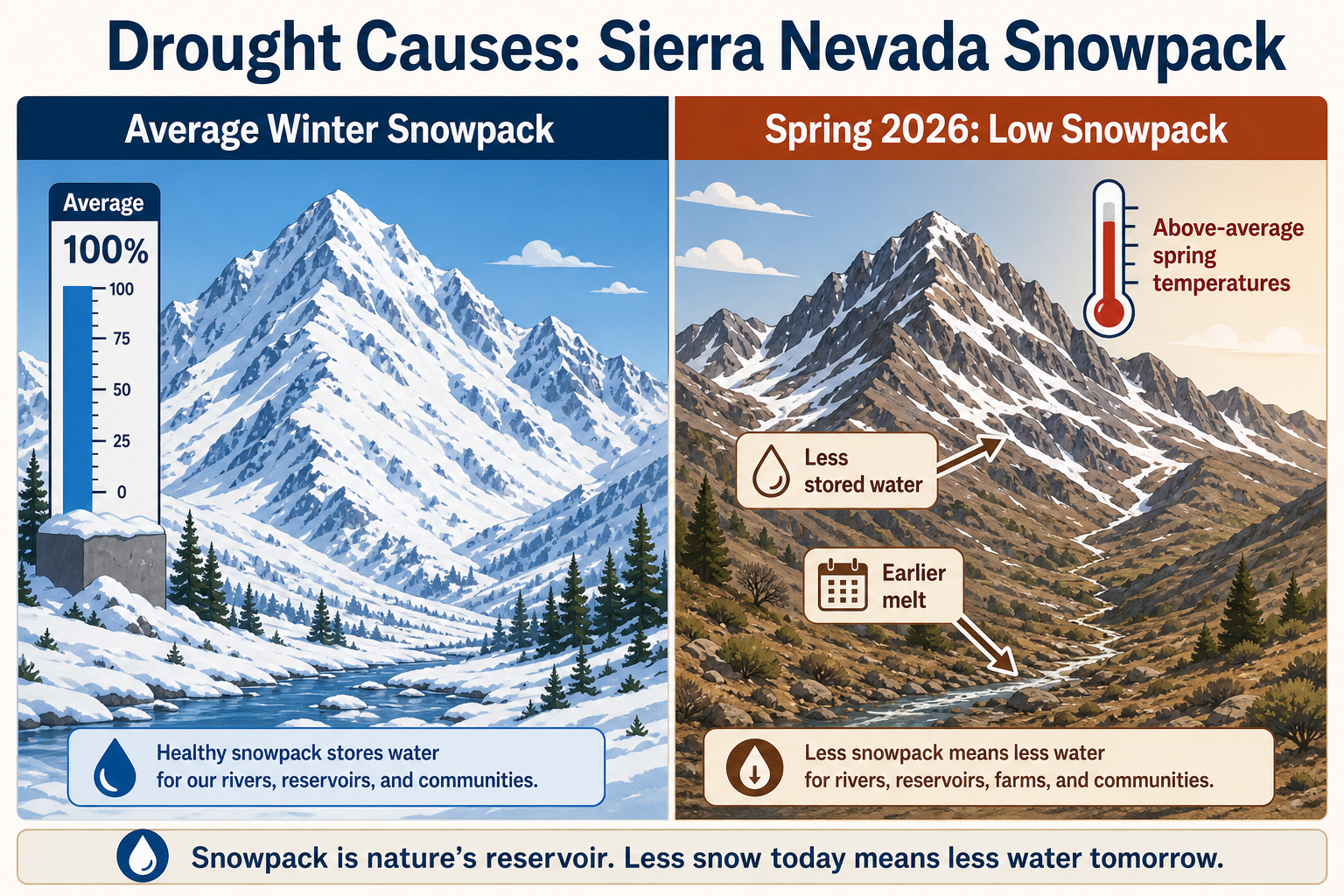 Split infographic comparing healthy winter snowpack vs 2026 low snowpack with above-average temperatures