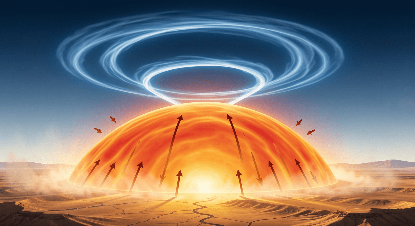 Atmospheric cross-section diagram showing how a heat dome forms with jet stream omega block pattern trapping hot air underneath