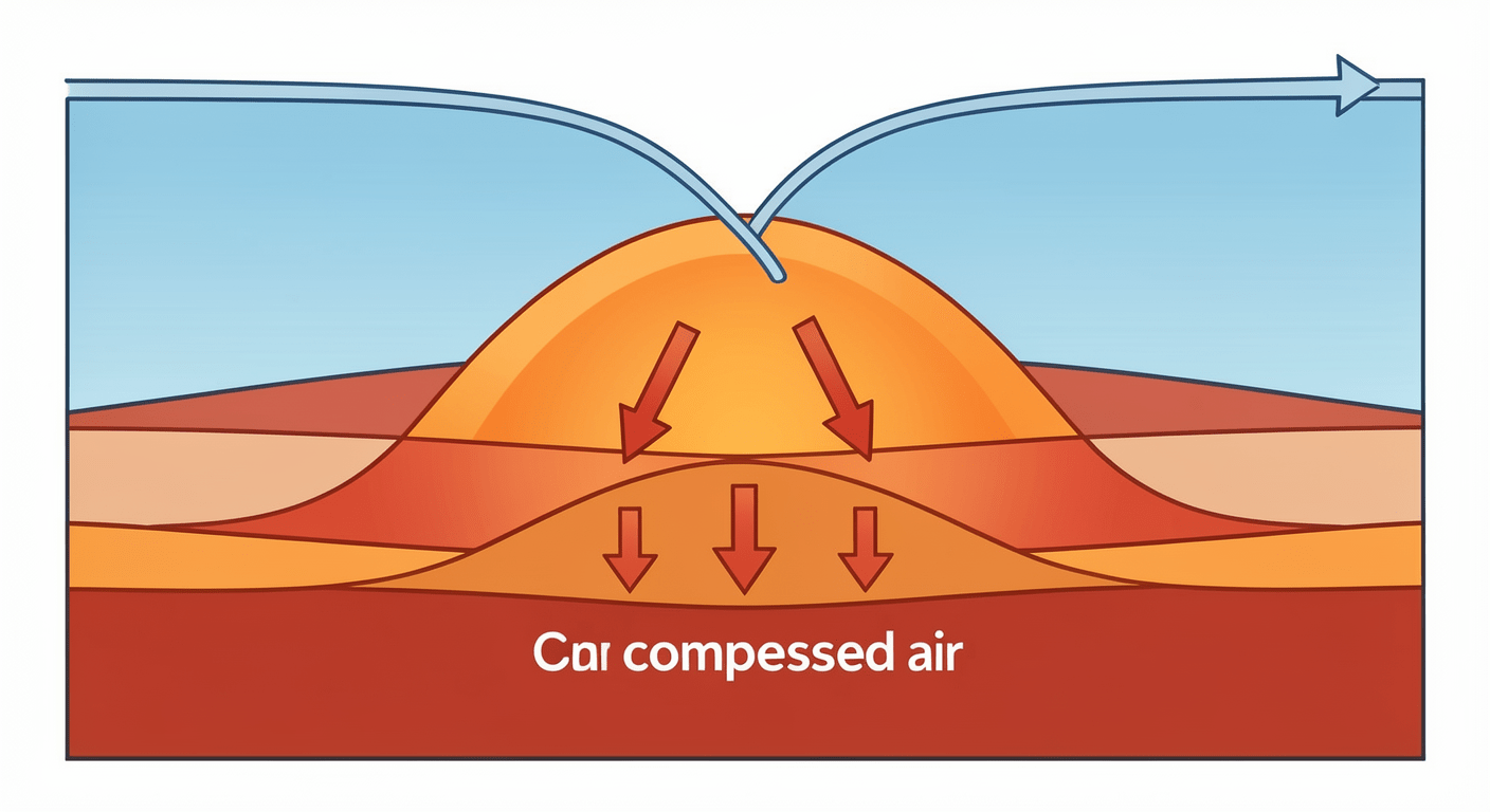 Infographic explaining heat dome mechanics with layered atmospheric cross-section showing jet stream, high pressure ridge, and trapped hot air
