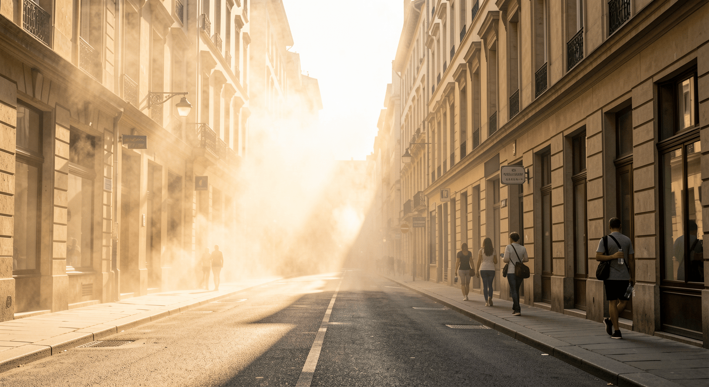 European city street during extreme summer heat wave with heat haze rising from sun-baked asphalt and people seeking shade
