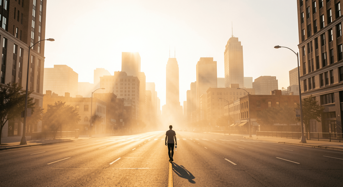 City skyline shimmering under extreme heat dome with heat haze visible above asphalt