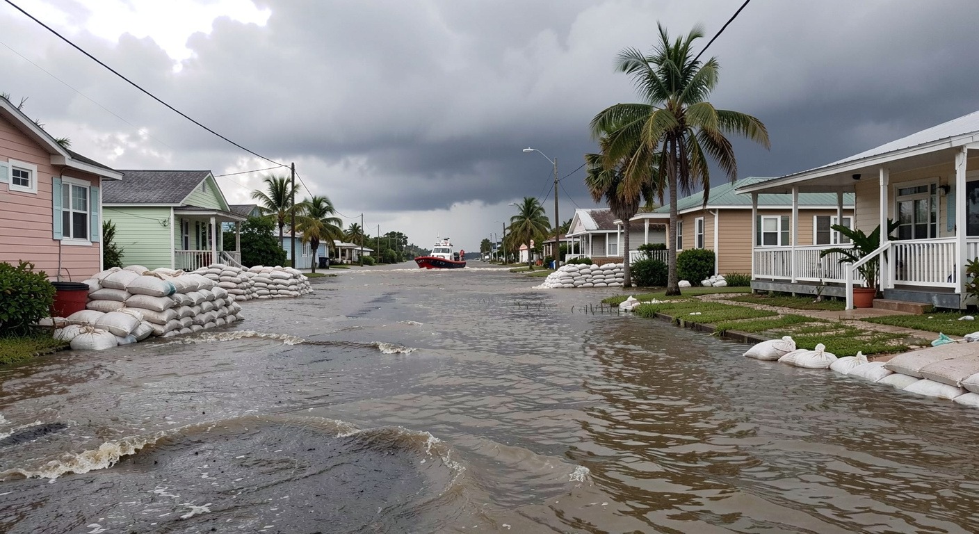 A flooded street in a Gulf Coast town after a tropical storm with rescue boat in background