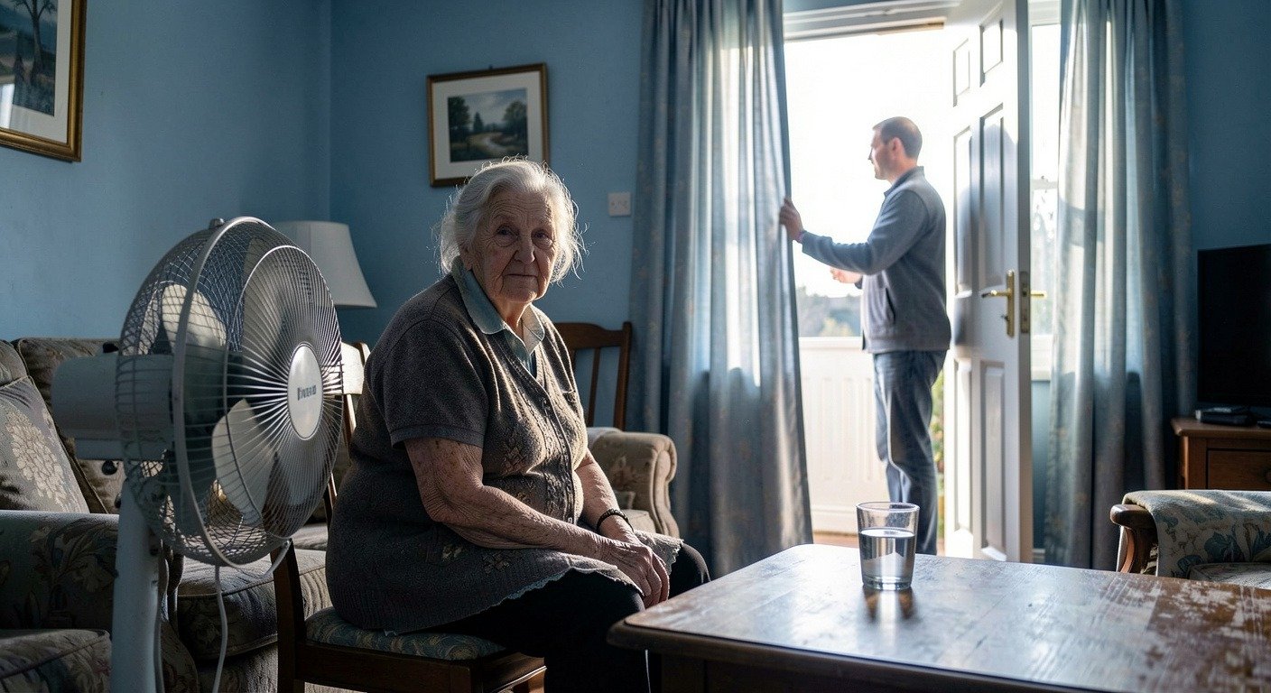 Elderly woman cooling down with fan during UK heatwave, community check-in, June 2026