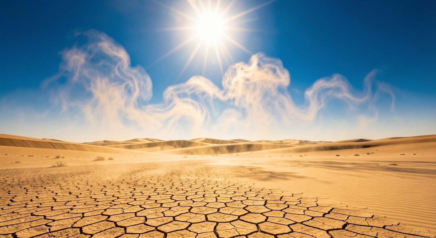 Desert landscape with intense heat distortion waves shimmering above sand during the March 2026 heat dome
