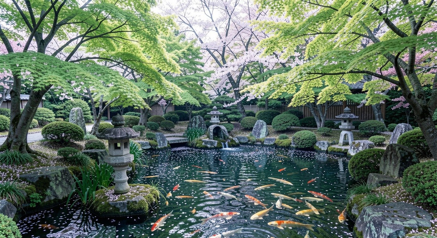 Traditional Japanese garden in spring with koi pond and stone lantern surrounded by greenery