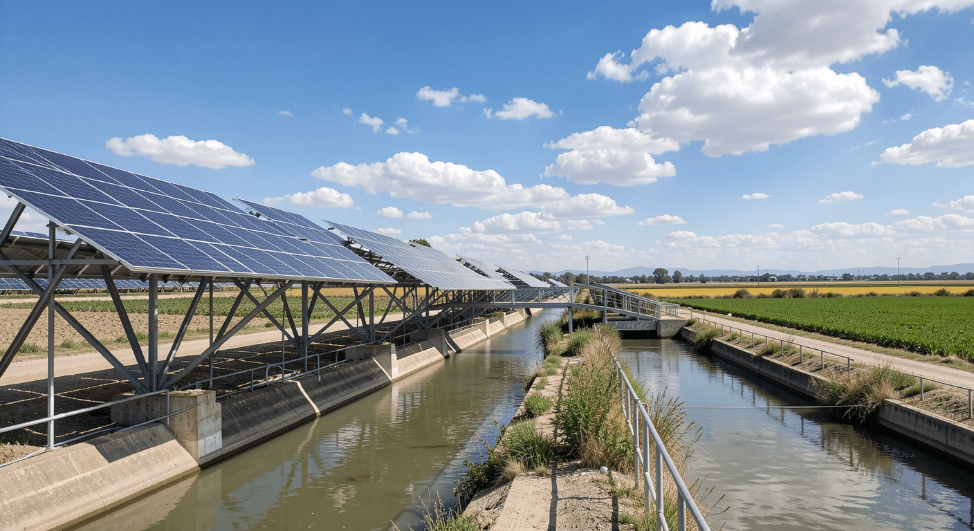 Solar panels covering irrigation canal in California Central Valley