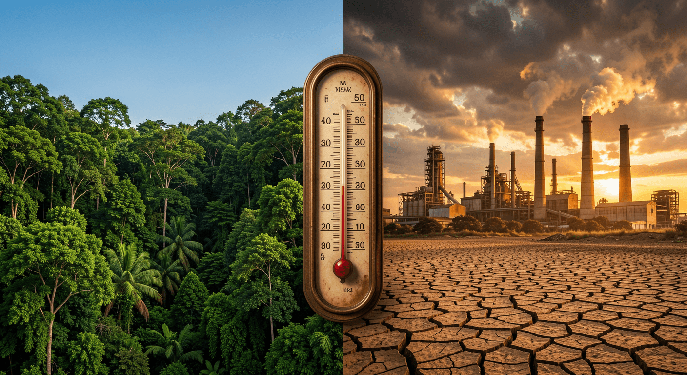 Split composition showing green forest on left side transitioning to industrial landscape on right, with thermometer indicating rising global temperatures against a dramatic sky
