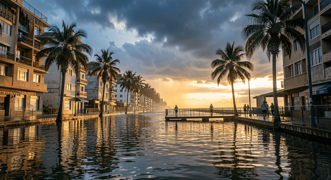 Flooded coastal city street with water reflecting buildings at sunset, illustrating sea level rise and climate change impacts on communities worldwide