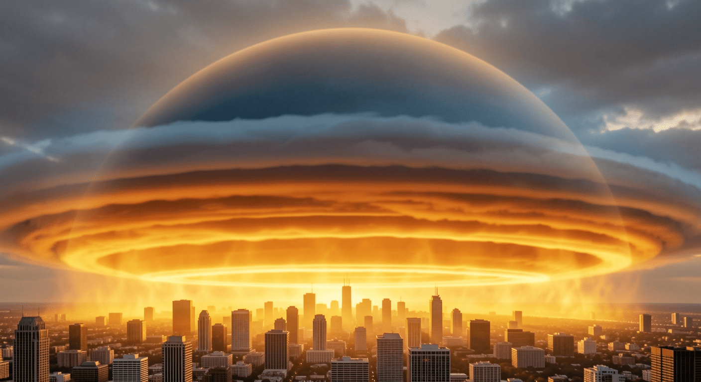 Scientific visualization showing how a heat dome traps hot air over a city with high pressure pushing warm air downward