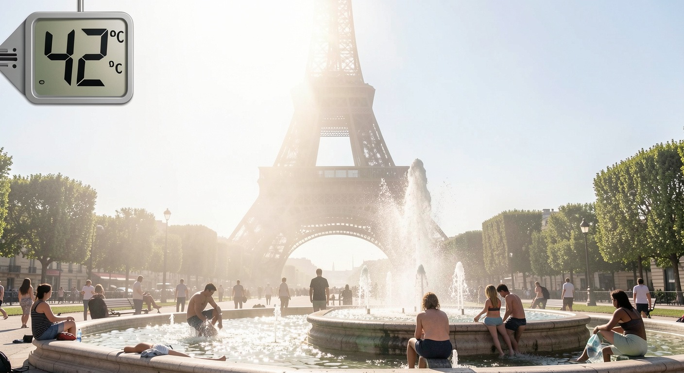 Extreme heat wave in Paris with Eiffel Tower and people cooling off at a fountain