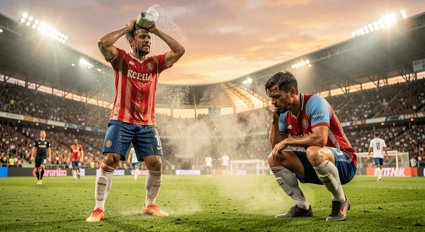 Soccer players taking a water break during a match, visibly exhausted from playing in <a href=