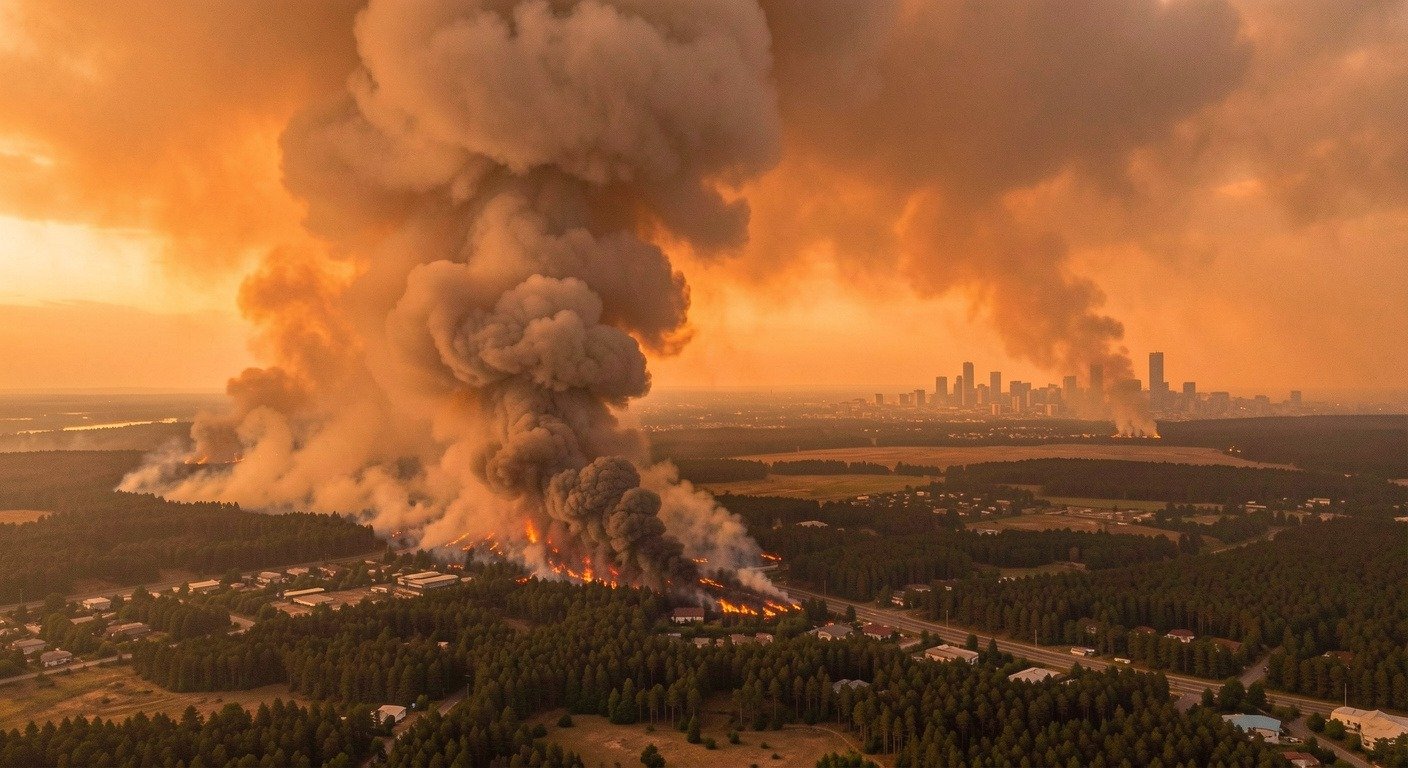 Aerial view of wildfire smoke plume traveling across continental landscape