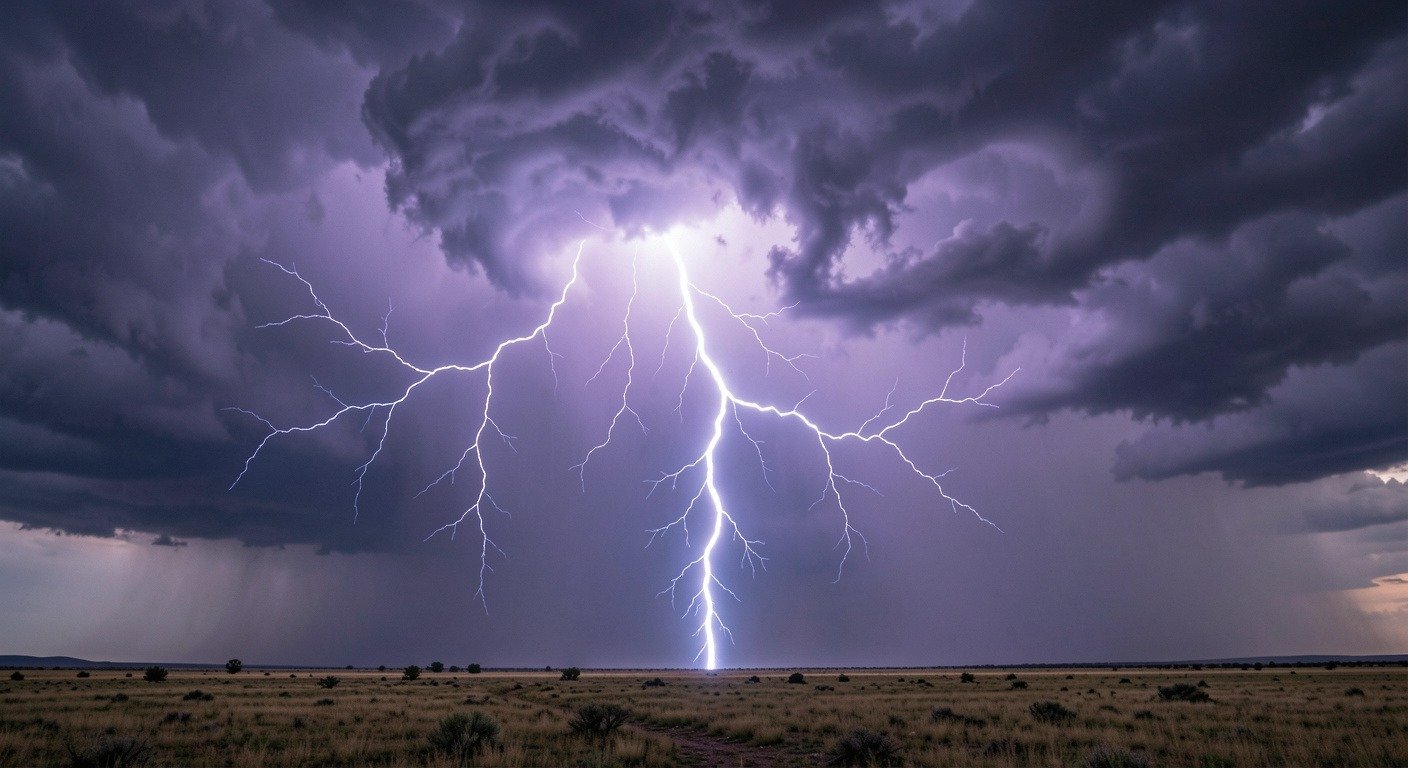 Lightning bolt striking a dark stormy sky over an open plain