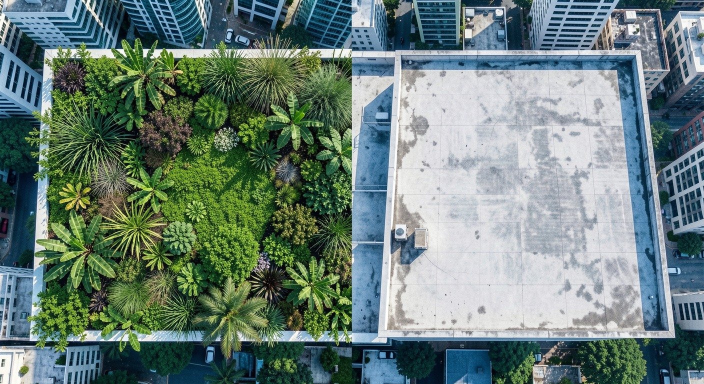 Green roof with plants contrasted against bare concrete rooftop