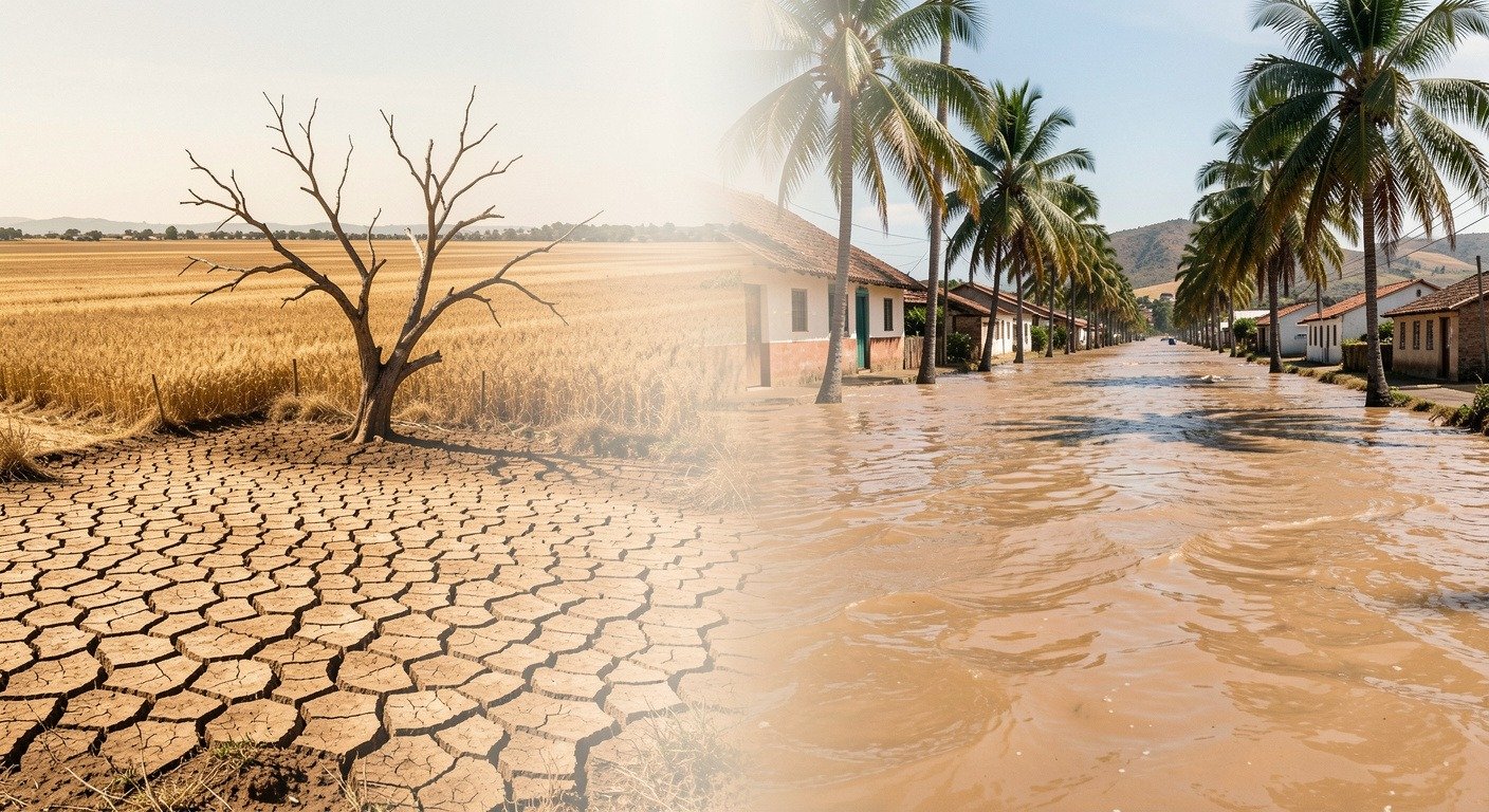 Split composition showing drought in Australia and flooding in Peru during El Nino
