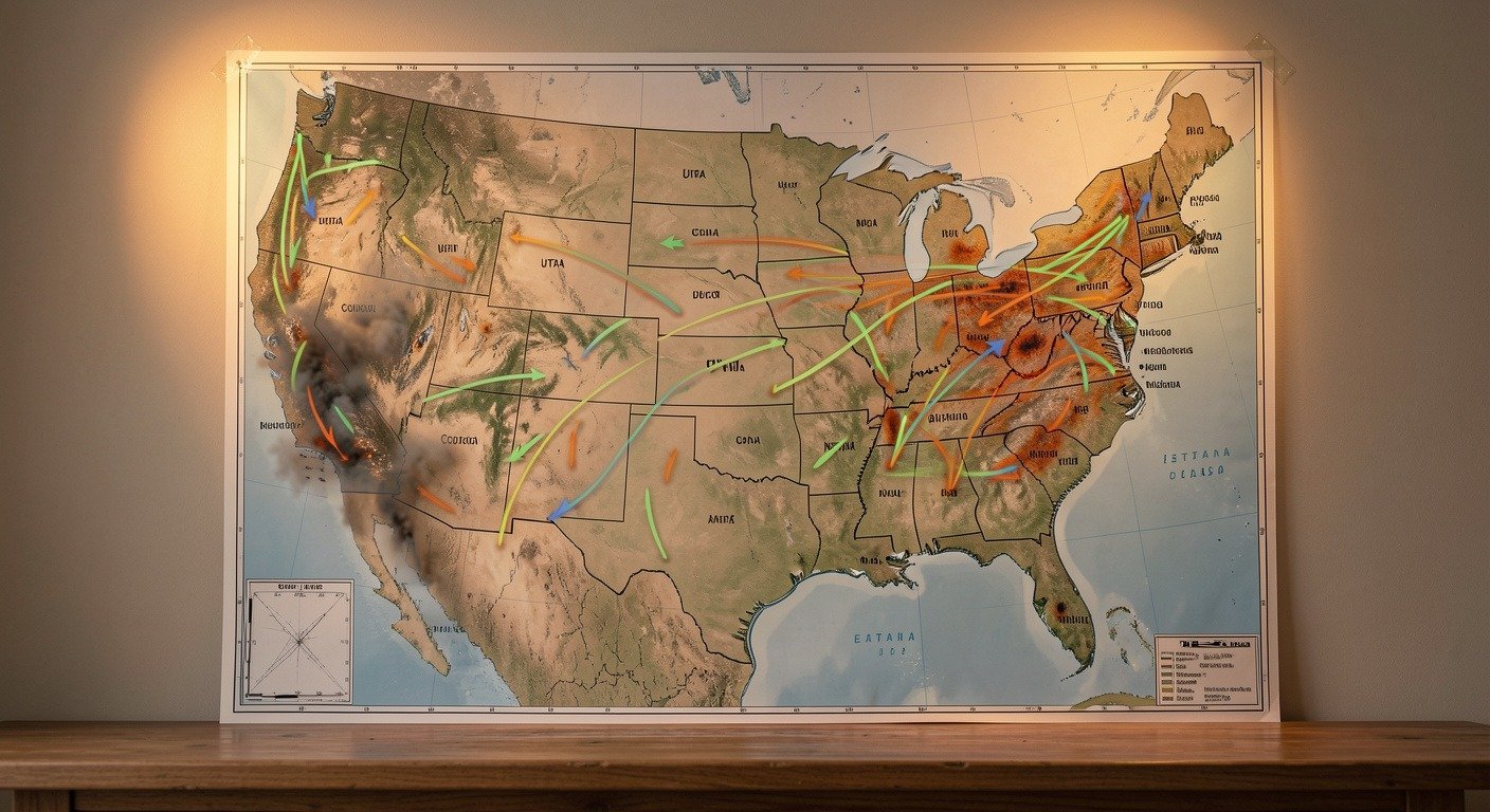 Map of the United States showing wildfire smoke transport patterns from Western fires to Eastern cities, illustrating cross-continental smoke travel
