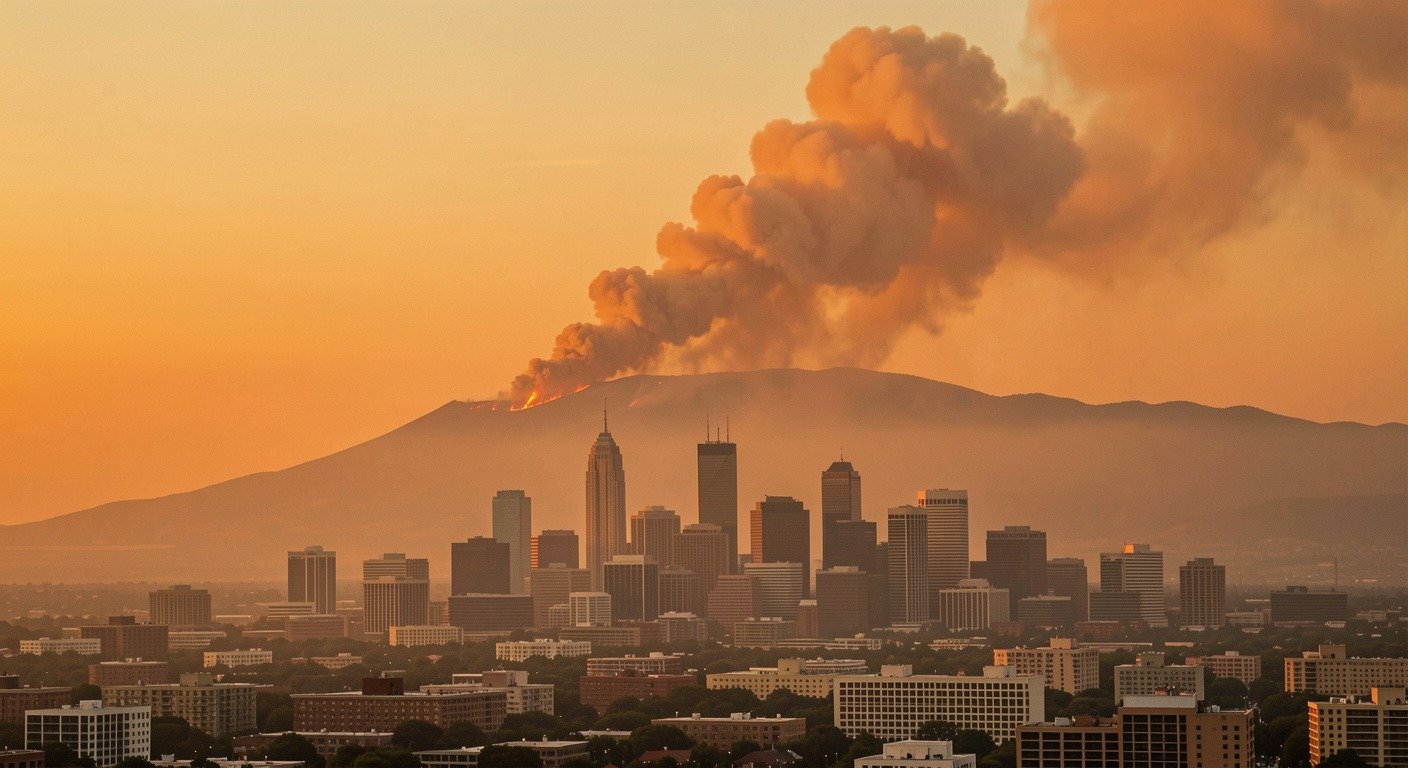 Distant wildfire smoke creates an orange haze over a city skyline, illustrating how smoke travels hundreds of miles across the country