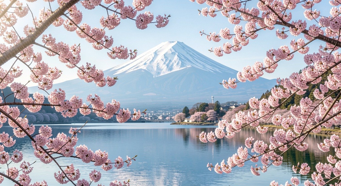 Cherry blossoms in full bloom with Mount Fuji in the background on a clear spring day