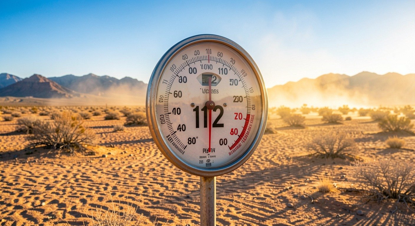 Outdoor thermometer showing extreme high temperature with heat waves in background