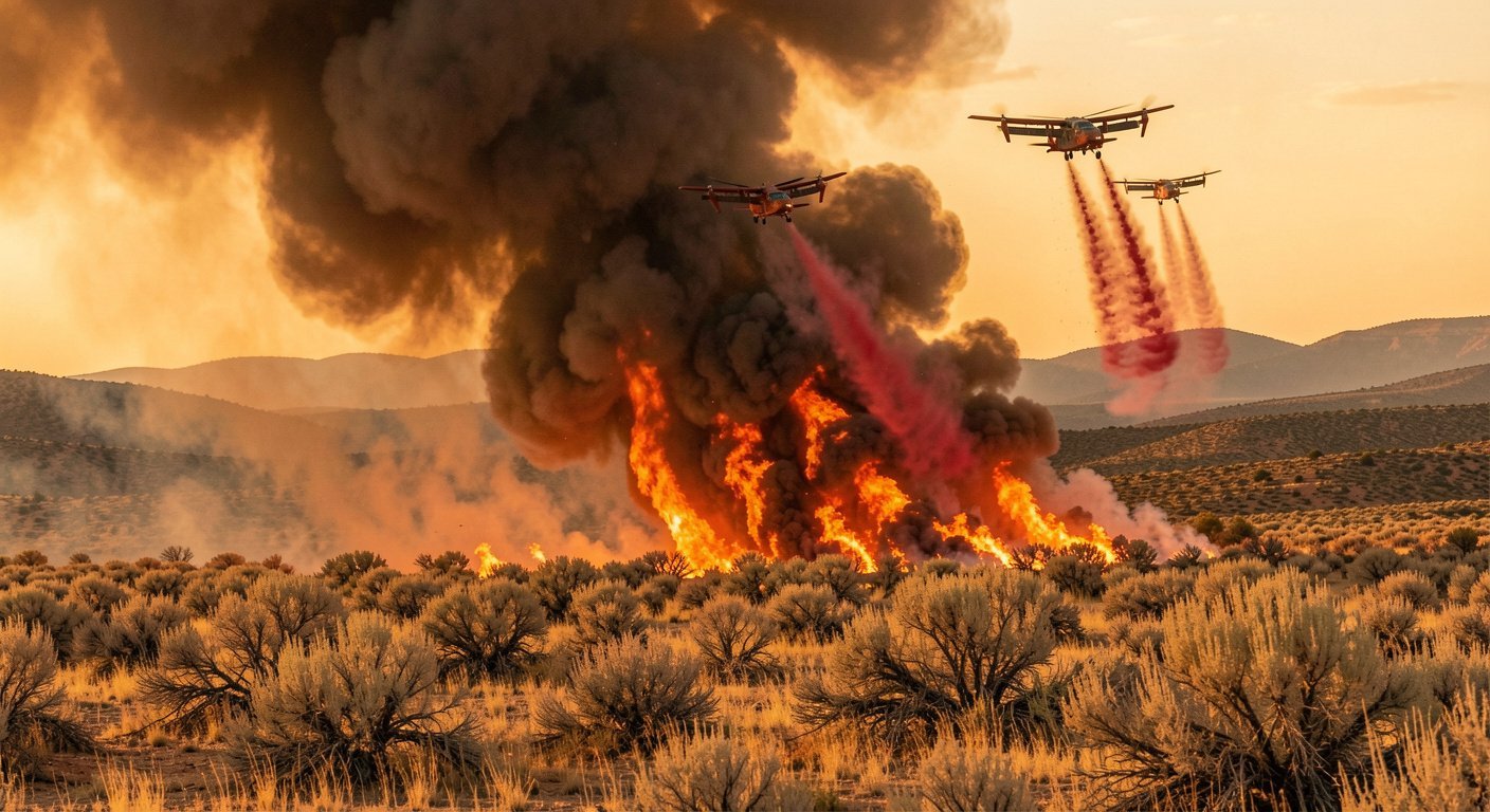 Iron Fire wildfire burning through sagebrush in Juab County Utah June 2026 with firefighting aircraft