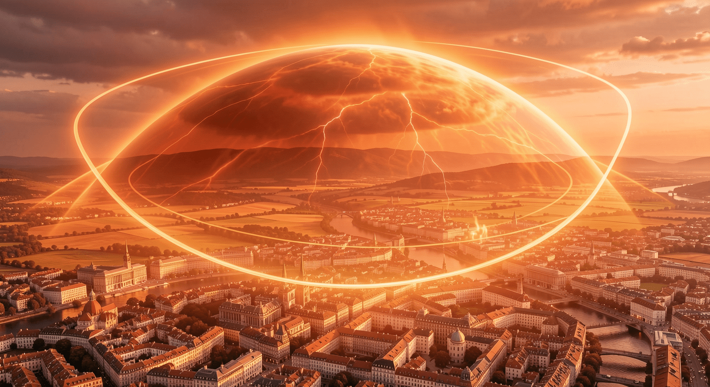 Heat dome weather phenomenon illustration showing high pressure trapping hot air over Europe