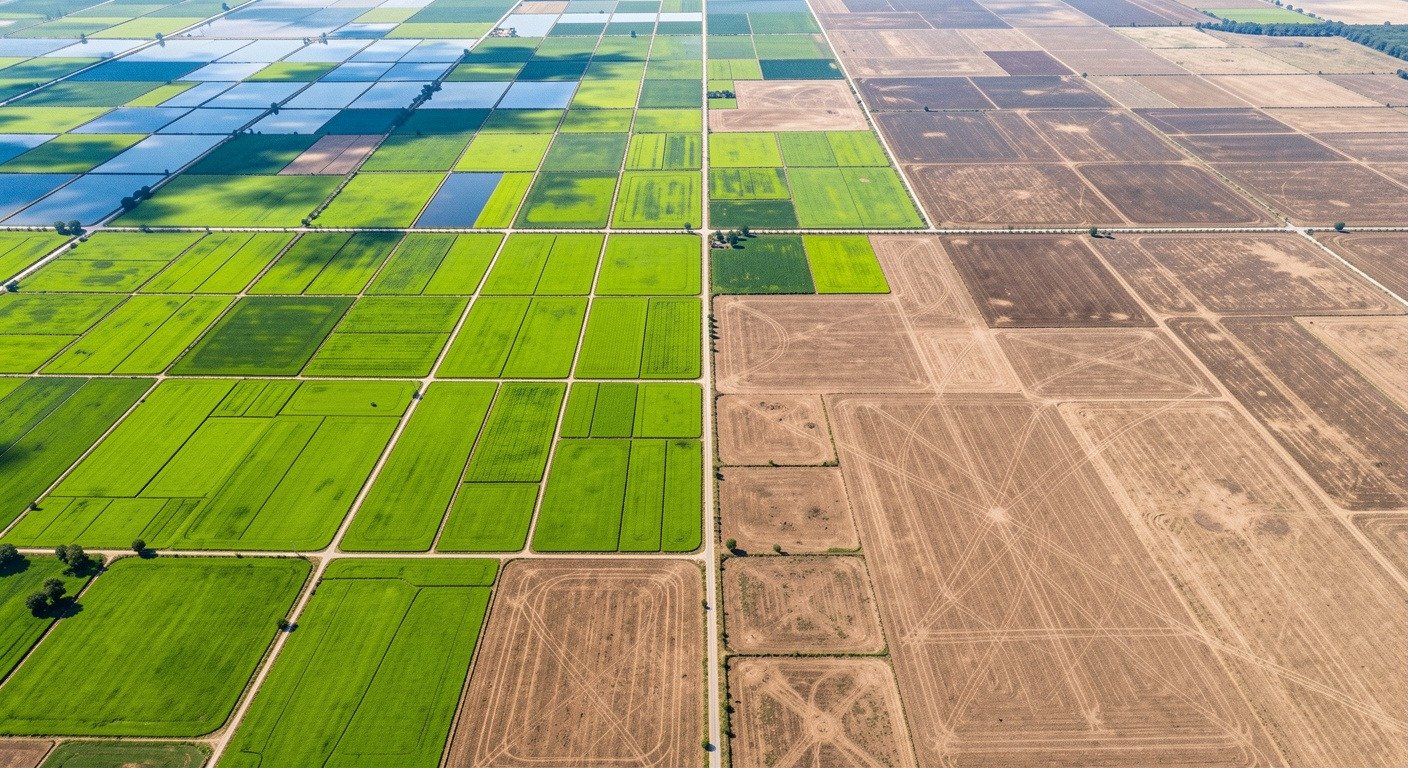 Aerial view showing contrast between green irrigated farmland and brown dry areas showing the patchwork of monsoon-dependent agriculture