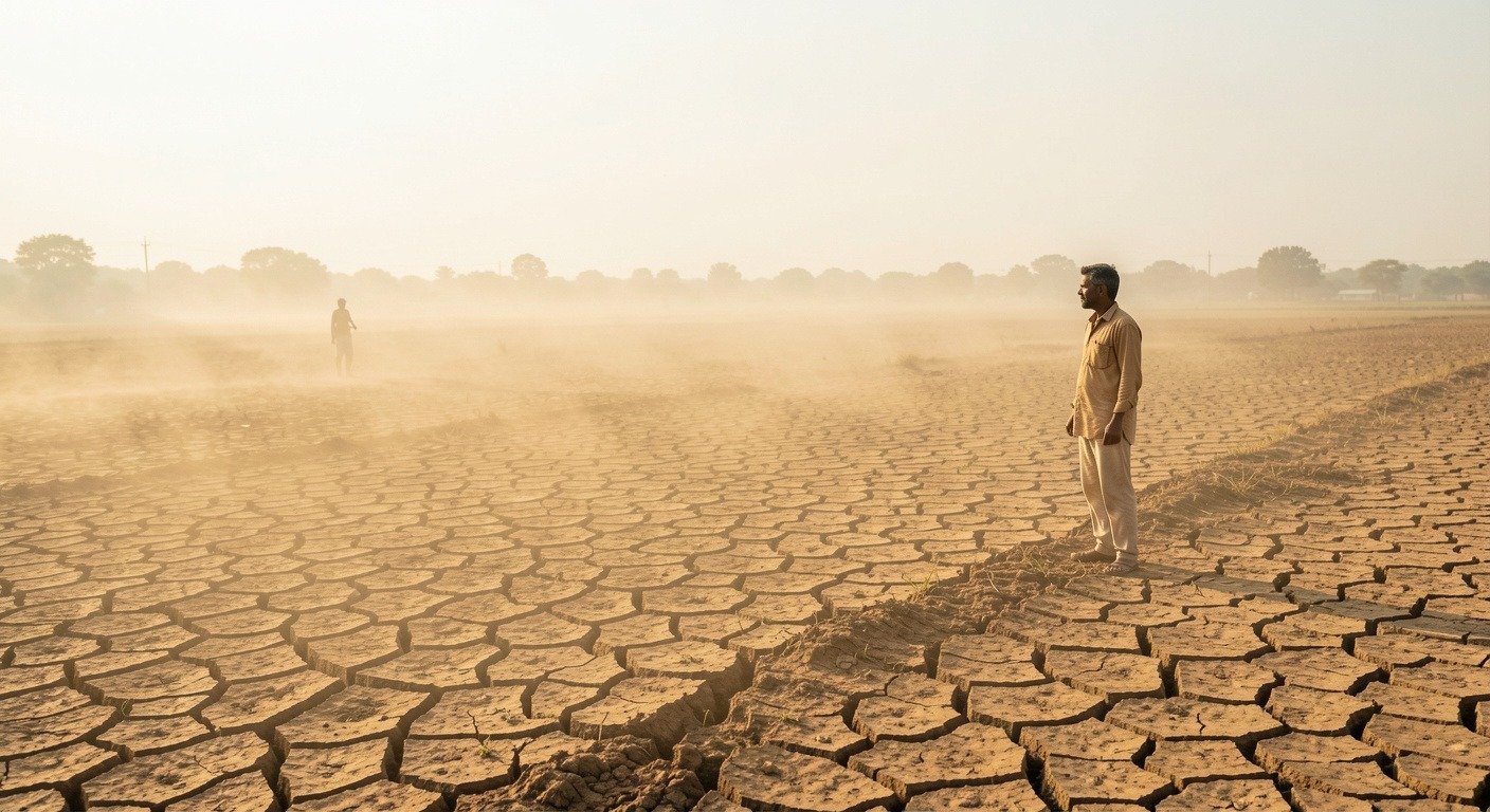 A lone farmer stands at the edge of a dry cracked agricultural field in rural India under a pale sky during the 2026 monsoon deficit