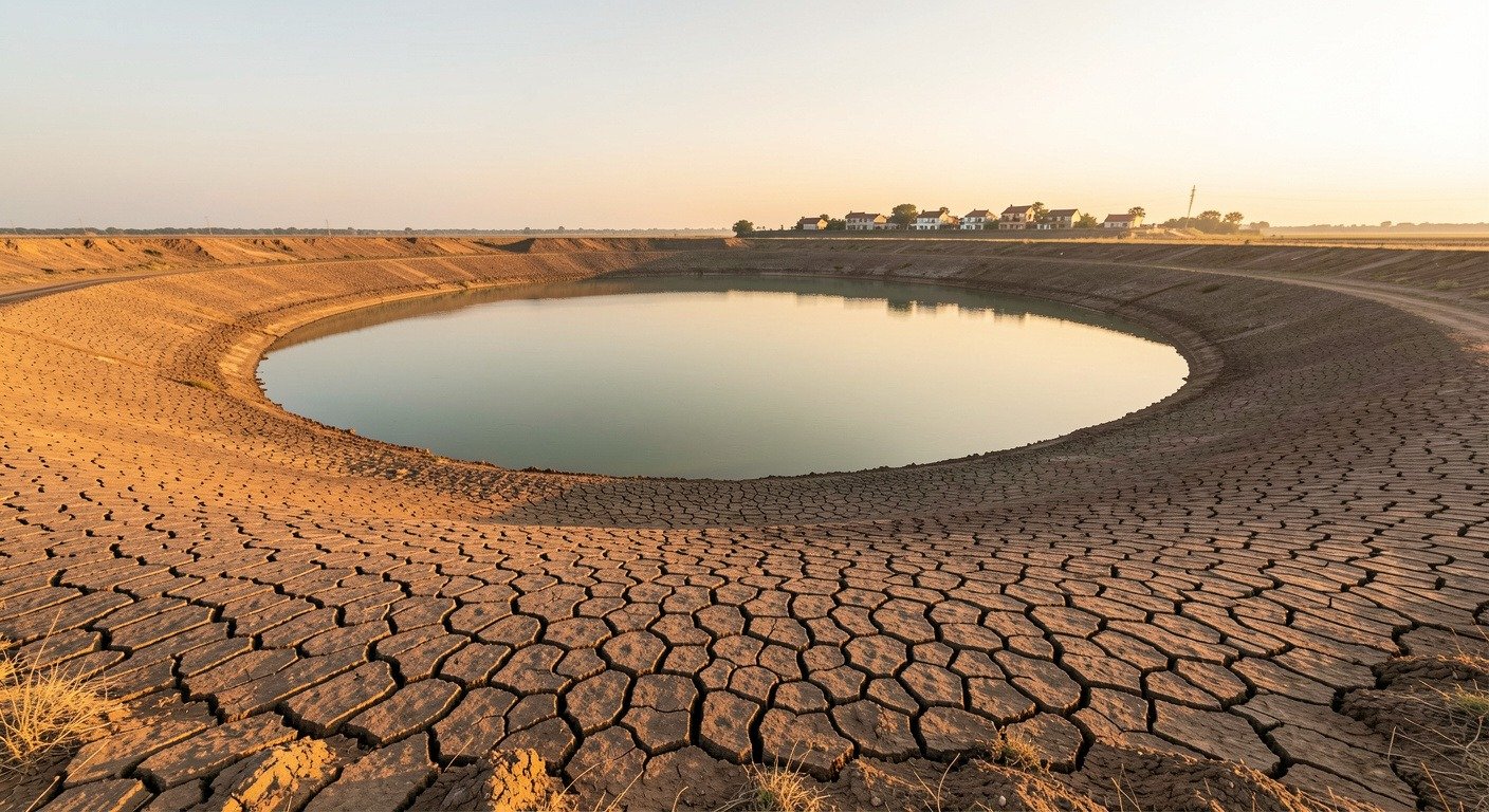 A water reservoir at critically low level with wide cracked mud banks exposed and a village visible in the distance during drought