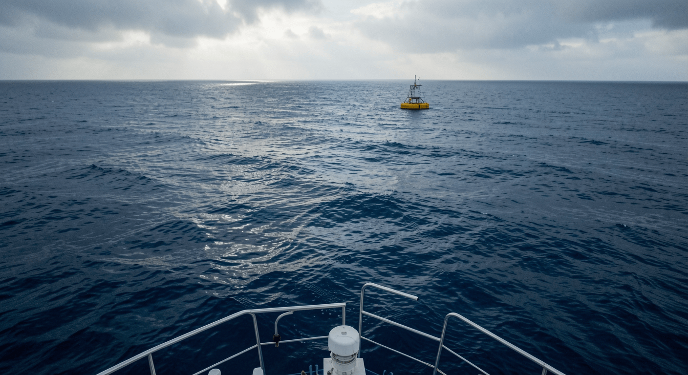 Deep blue Pacific Ocean surface with scientific monitoring buoy in the distance, photojournalism style, illustrating ocean research during the 2026 marine heatwave