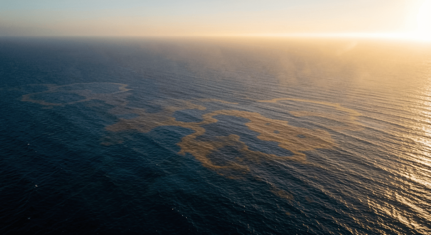 Aerial view of the Pacific Ocean showing vast dark blue waters with warm golden light on the horizon, illustrating the 2026 marine heatwave off the California coast