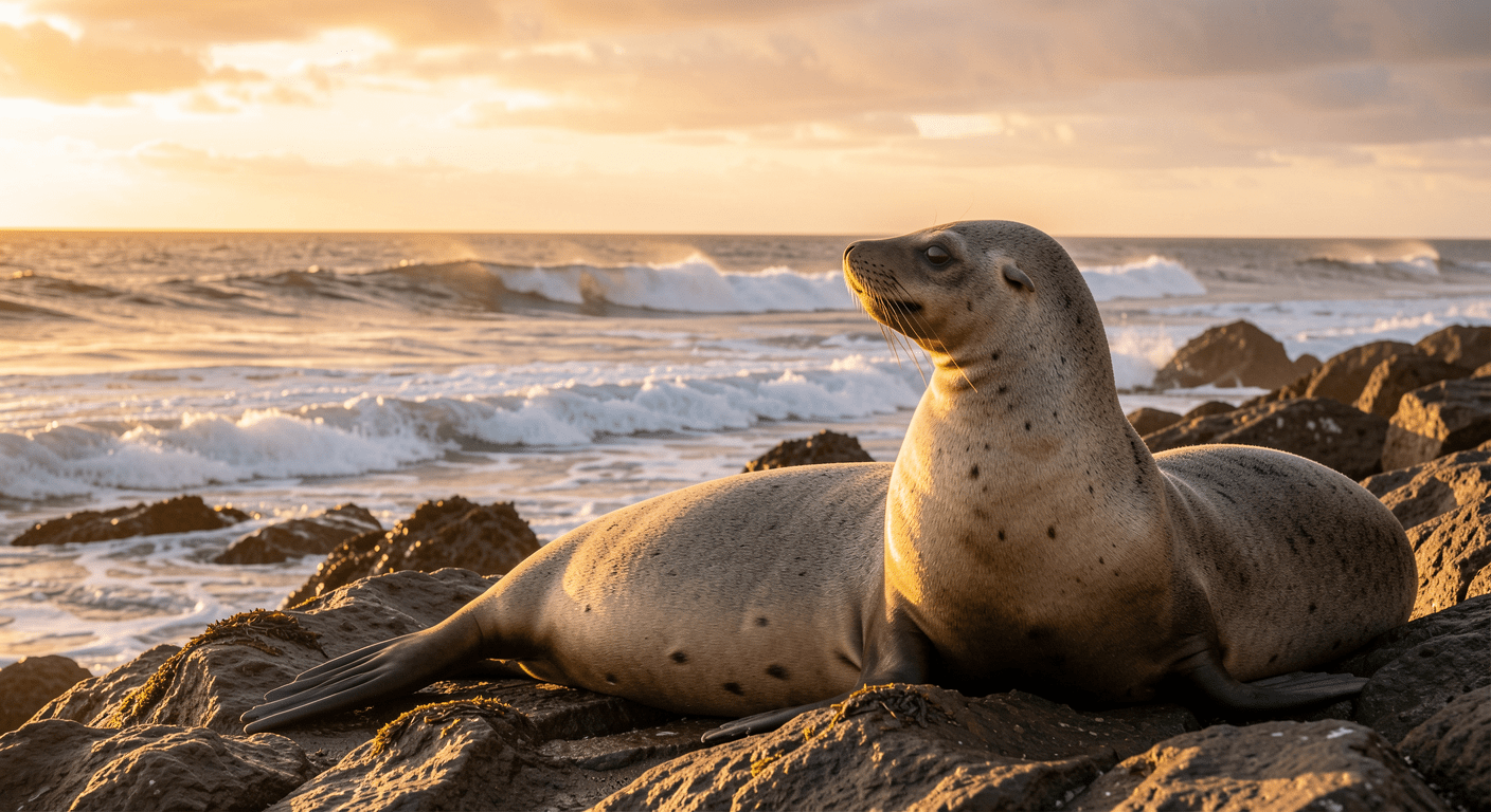 California sea lions resting on a rocky coastal shore at sunset with Pacific Ocean waves in background, illustrating marine wildlife affected by the 2026 ocean heatwave